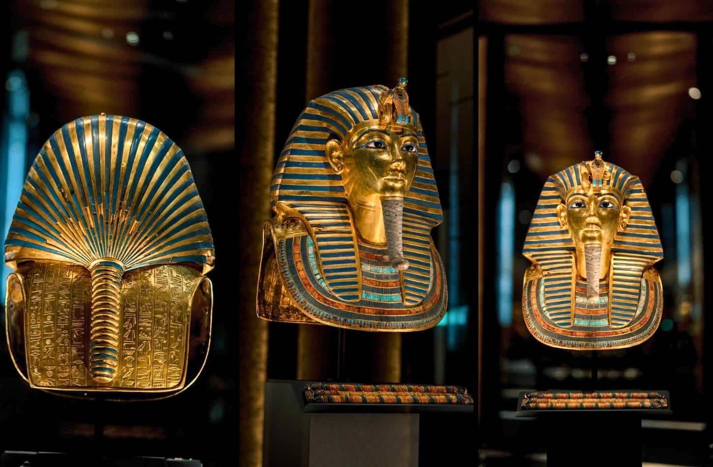 the golden tutankhamun mask is showcased in the grand egyptian museum