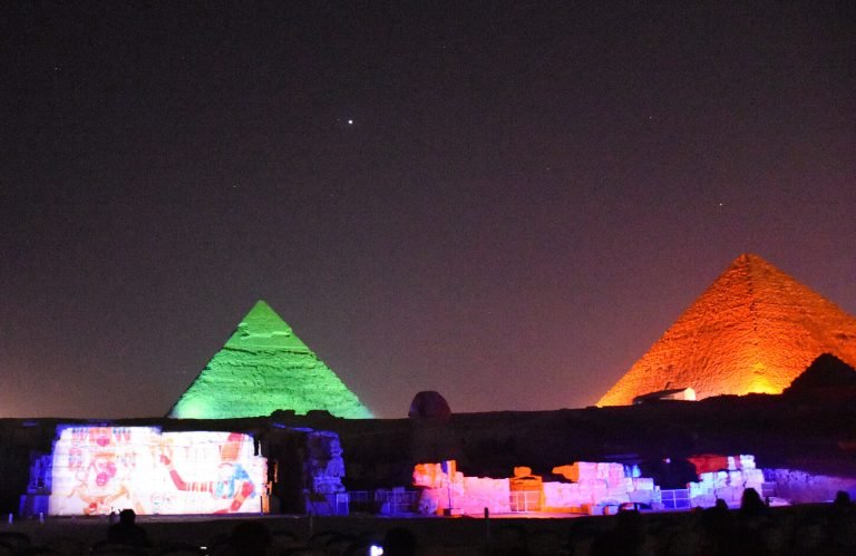 A shot from the sound and light show at the Pyramids of Giza