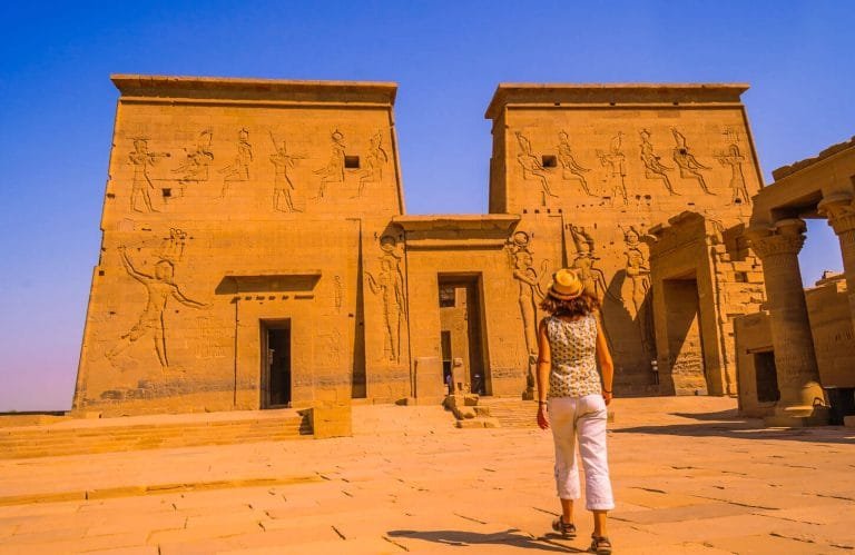 A tourist visiting Philae Temple in Aswan