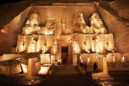 Facade of the Great Temple of Abu Simbel at night