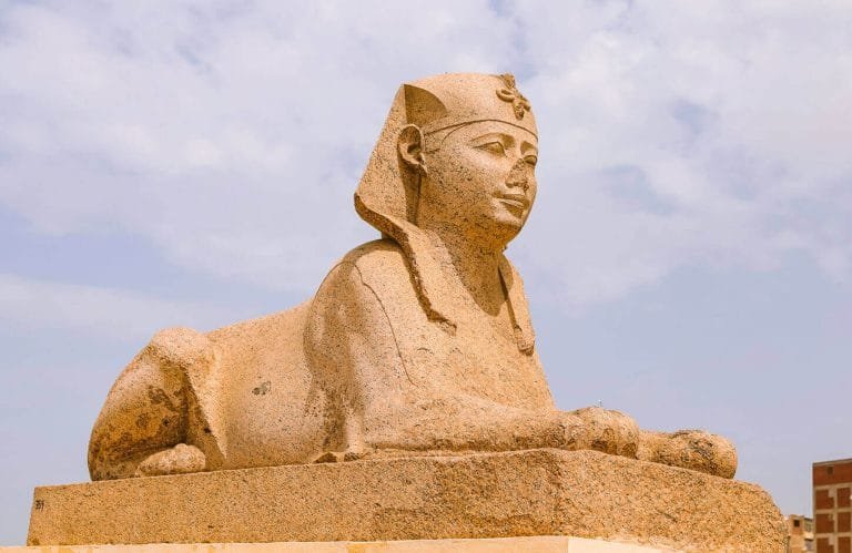 Statue of the Great Sphinx of Alexandria in front of Pompeys pillar