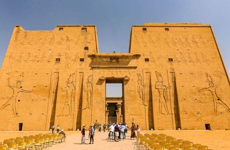 The facade of the Temple of Horus while preparing for the sound and light show