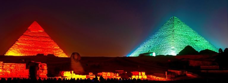 giza pyramids at night