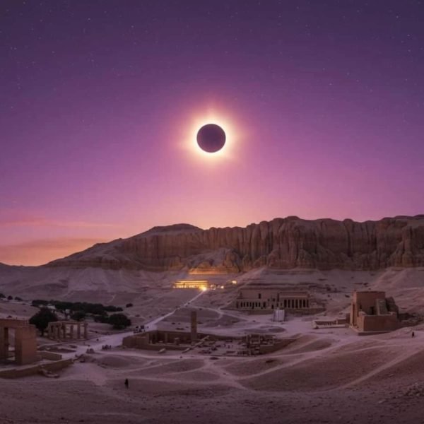Ancient temples at sunset during a total solar eclipse in Egypt. Explore Egypt tours and witness this incredible celestial event.