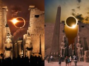 Tourists exploring ancient Egyptian temples during a solar eclipse. Witness the awe-inspiring pyramids and obelisks of Cairo on an Egypt tour. Nile cruise options available.