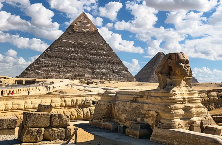 The Sphinx stands guard over the Pyramids of Giza, a must-see destination in Egypt's rich historical landscape.