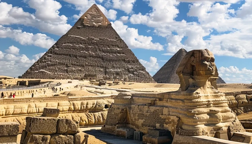 The Sphinx stands guard over the Pyramids of Giza, a must-see destination in Egypt's rich historical landscape.
