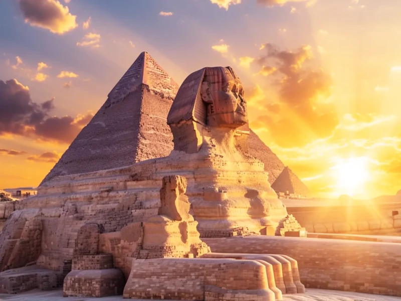 The Great Sphinx and Pyramids of Giza bathed in sunset hues, representing must-visit sites in Egypt.
