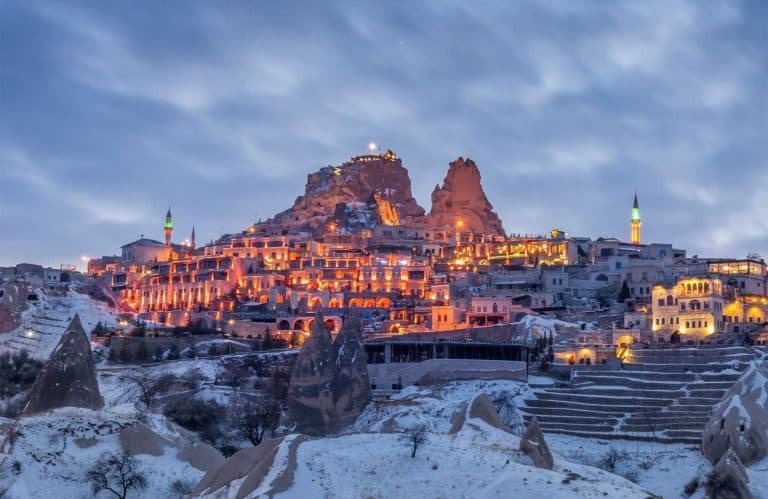 a great shot of uchisar castle at night