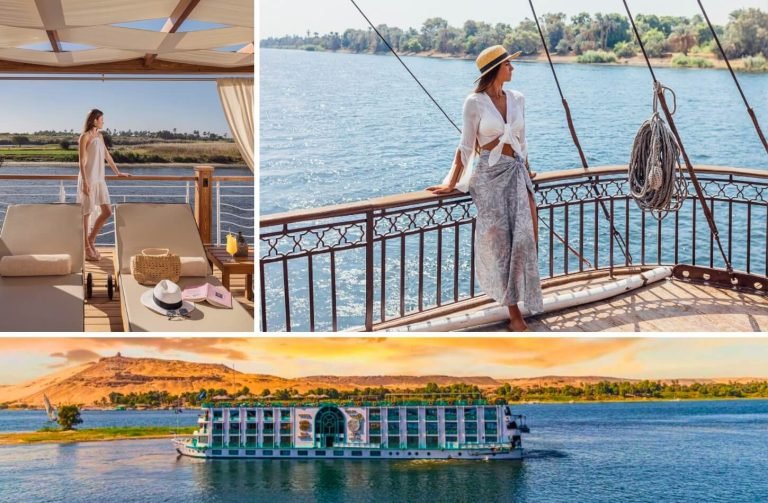 collage showing travelers enjoying views from the deck and a cruise ship sailing on the Nile with desert hills behind - Best Time for a Nile Cruise: A Month-by-Month Guide 2026
