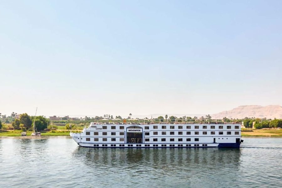 Mid-day view of the Movenpick Nile cruise ship, a luxury vessel traveling along the historic river in Egypt