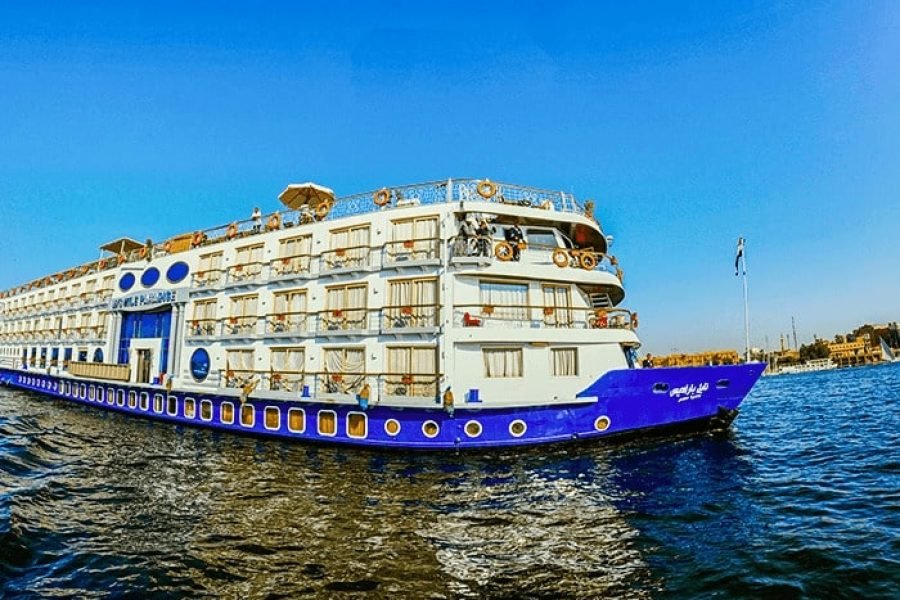 The Paradise cruise ship sailing on the Nile River, promoting the luxury Egypt river cruise experience.