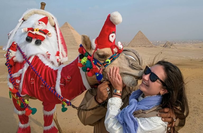 decorated camel in santa outfit sharing a joyful moment with a tourist near the pyramids