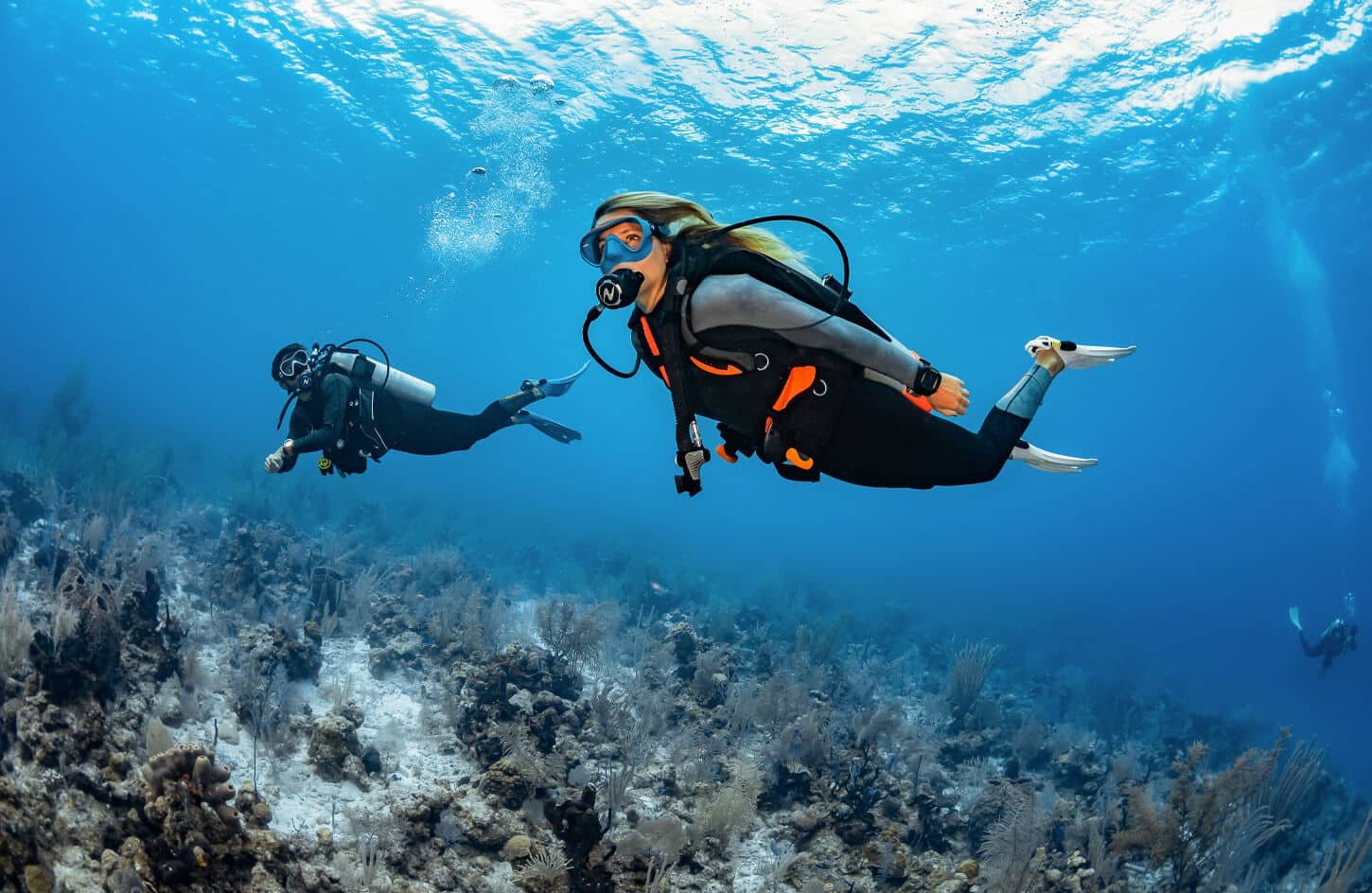 Stunning photo of two scuba divers swimming over a coral reef in the Red Sea