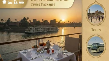 Nile River cruise package inclusions featuring luxury boat, temple tours, and private transfers at sunset