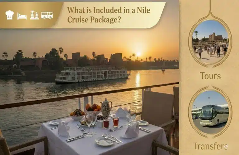 Nile cruise ship sailing at sunset past ancient Egyptian temples — what is included in a Nile cruise package