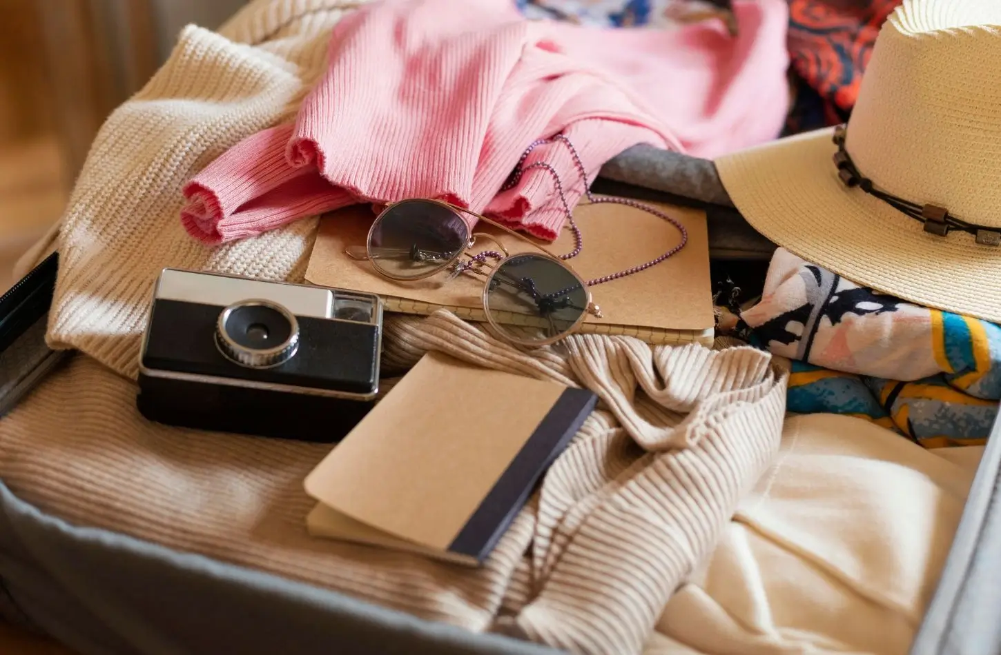 A flat lay of an open suitcase organized for a Packing List for A Nile Cruise, featuring a vintage-style camera, round sunglasses with a purple chain, a straw sun hat, and folded clothing in cream and soft pink.