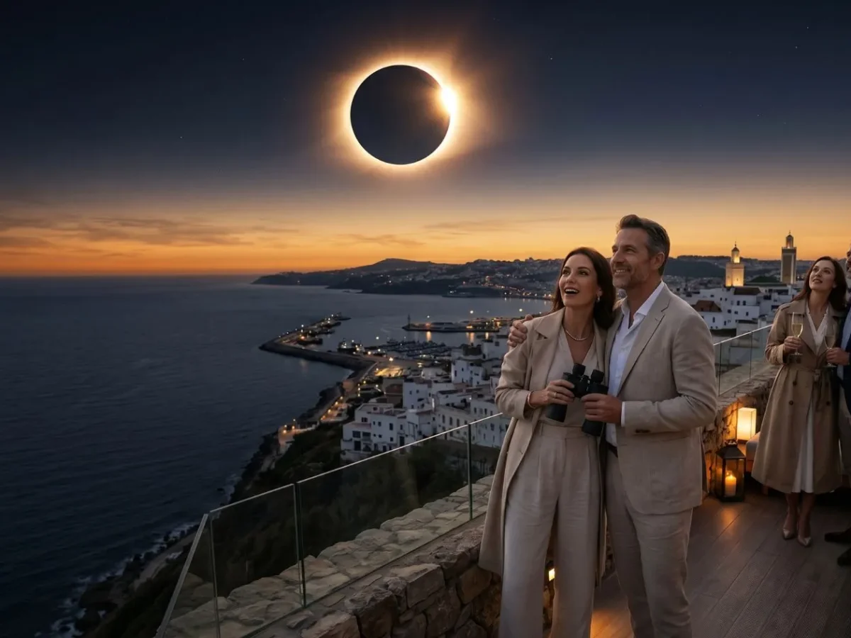 imagined images from a moroccan beach of a couple during the eclipse in morocco