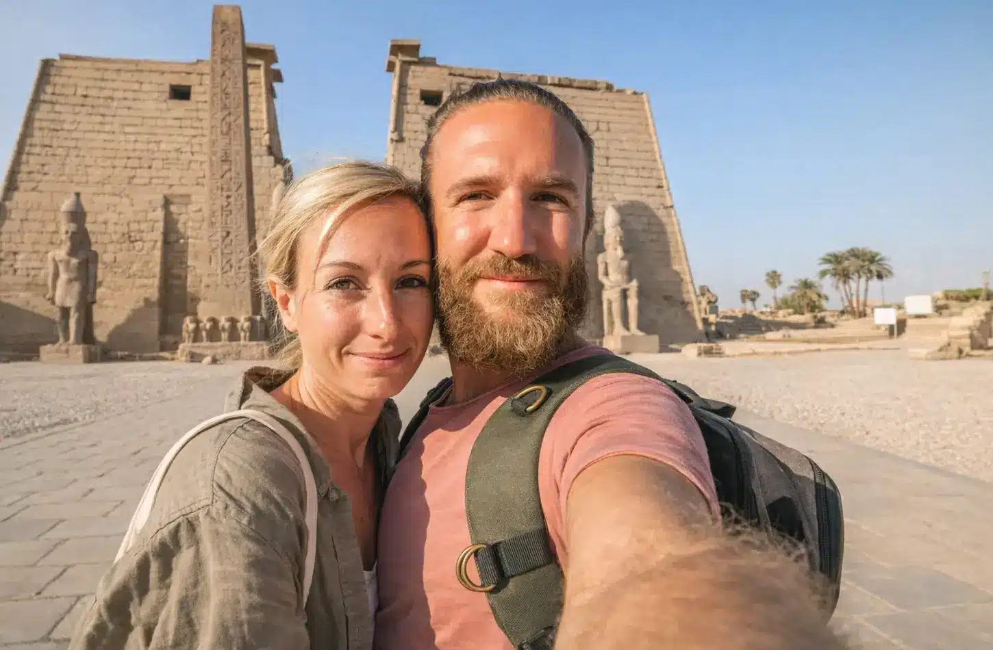 Couple taking a selfie in front of Luxor Temple during a visit to ancient Egypt landmarks - Couple taking a selfie in front of Luxor Temple during a visit to ancient Egypt landmarks - Egypt Travel Advice