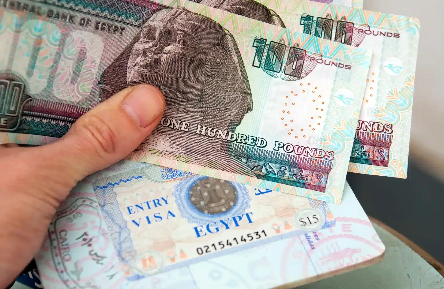 Egypt tourist visa with Egyptian pound banknotes showing the cost of an Egypt visa and local currency.